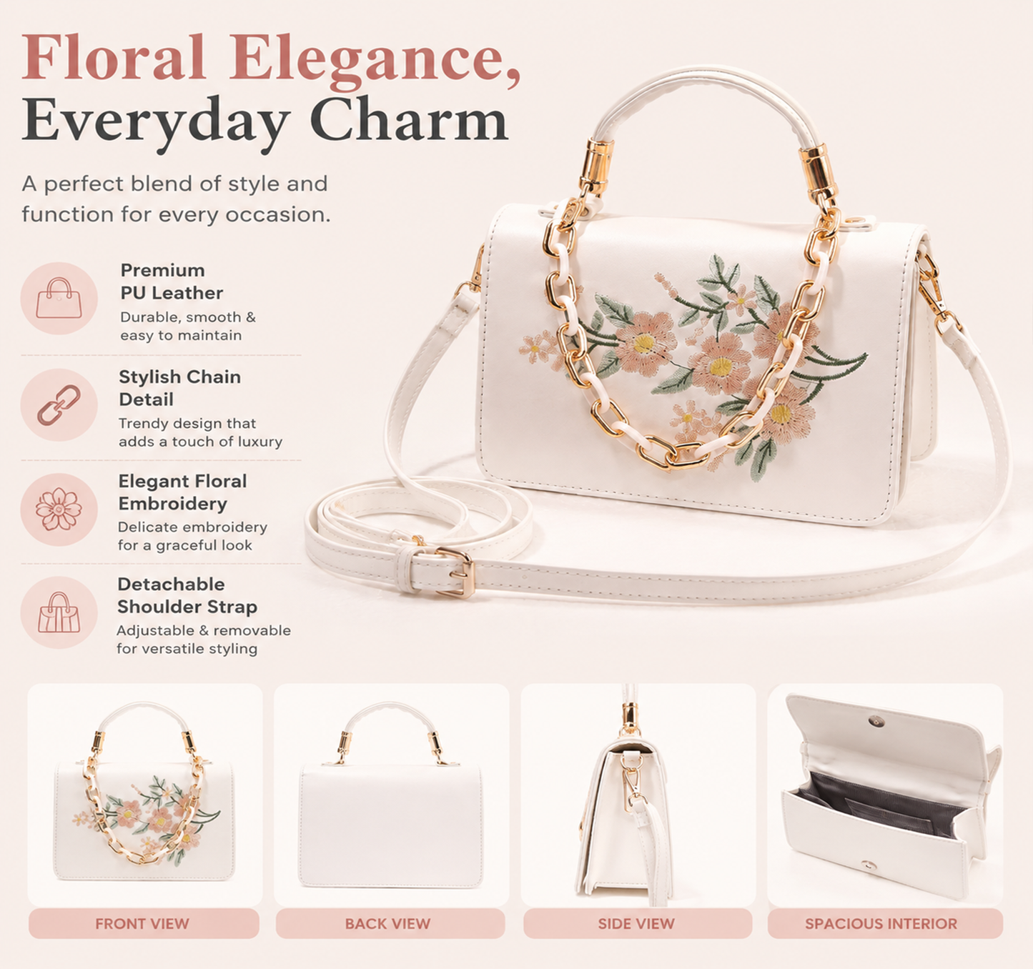 Premium Floral Embroidered White Handbag with Gold Chain Handle